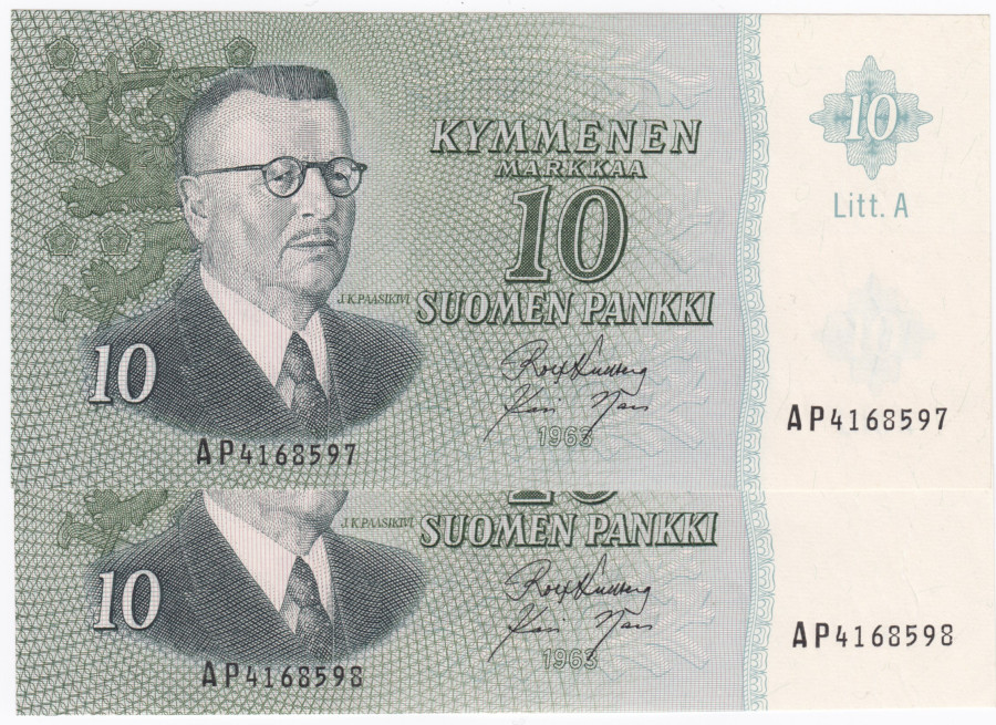 10 Markkaa 1963 Litt.A AP416859X kl.8-9